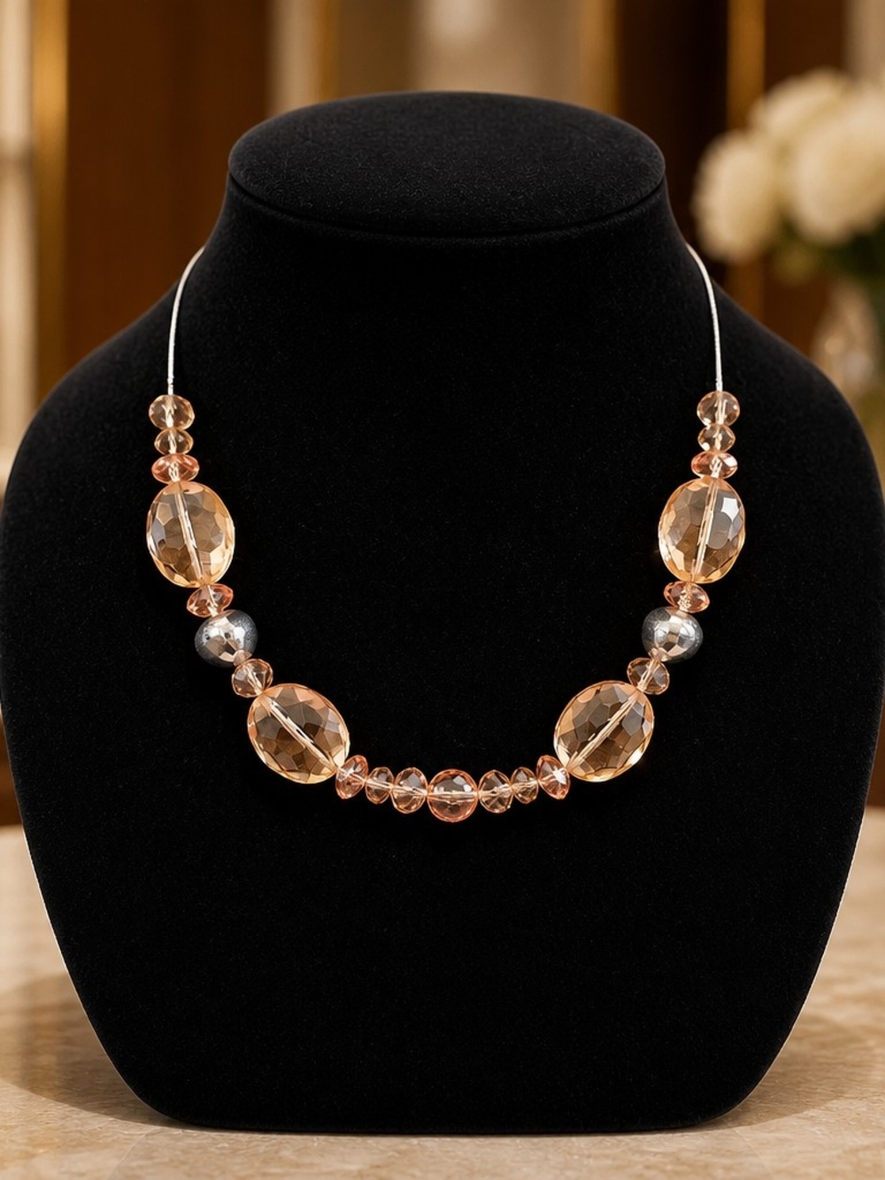 Elegant Pinky Peach Crystal Bead Necklace